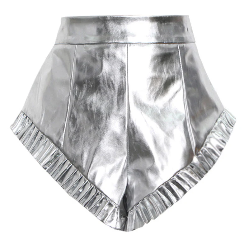 Shiny Ruffle Trim High Waist Vegan Leather Micro Booty Shorts - Image 3