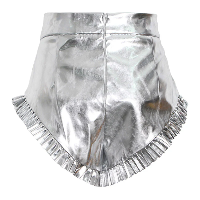 Shiny Ruffle Trim High Waist Vegan Leather Micro Booty Shorts - Image 4