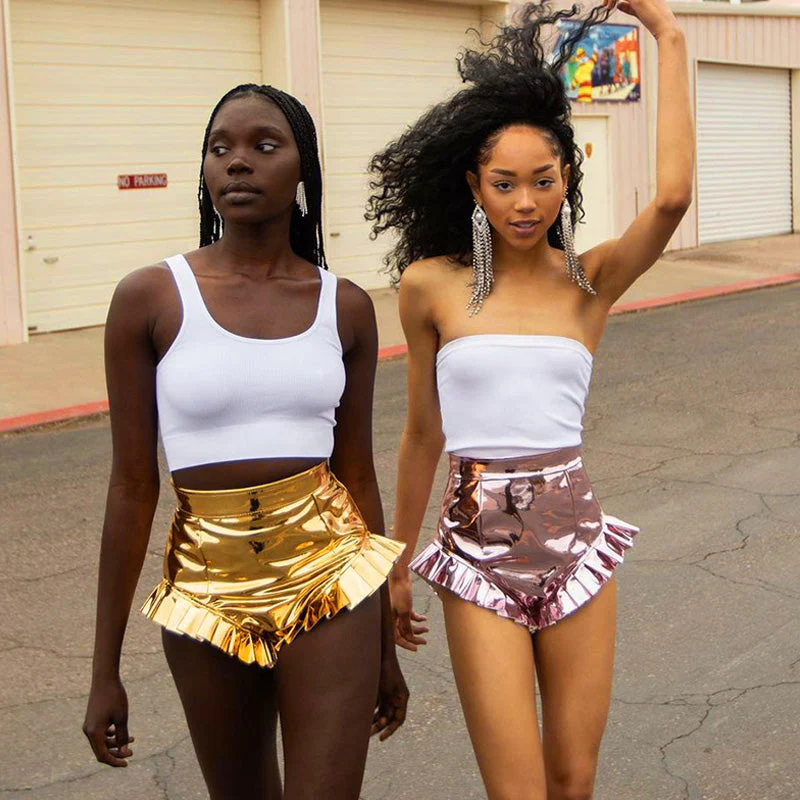 Shiny Ruffle Trim High Waist Vegan Leather Micro Booty Shorts - Image 7