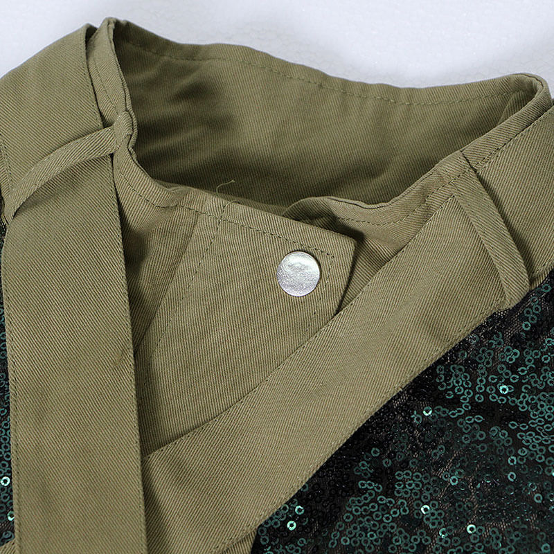 Shiny Sequin Strappy Stand Collar Drawstring Oversized Cropped Jacket - Green - Image 4