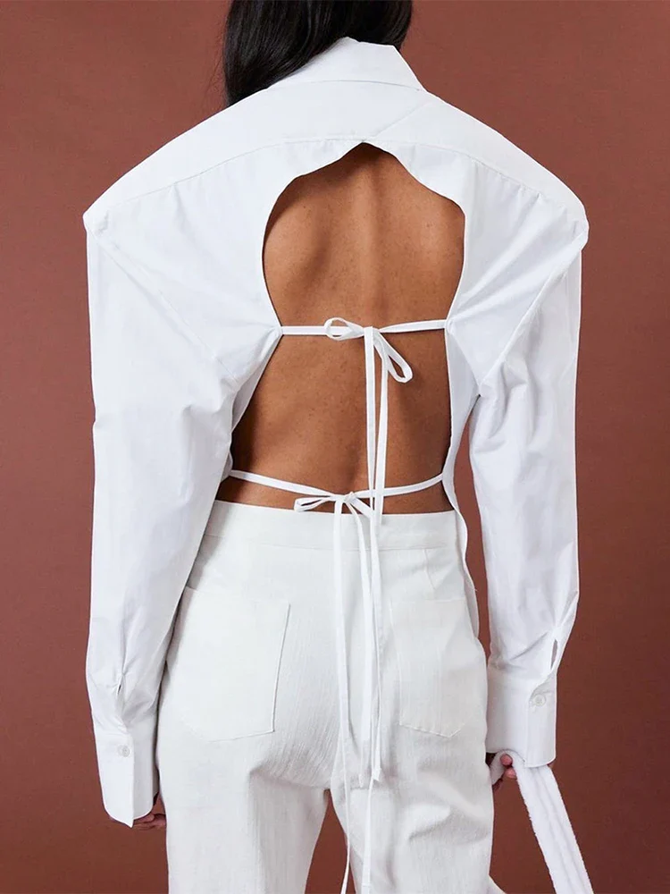 WHITE SHIRT with OVERSIZED SHOULDERS and OPEN Back Lace UP