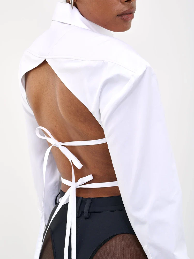 WHITE SHIRT with OVERSIZED SHOULDERS and OPEN Back Lace UP - Image 14