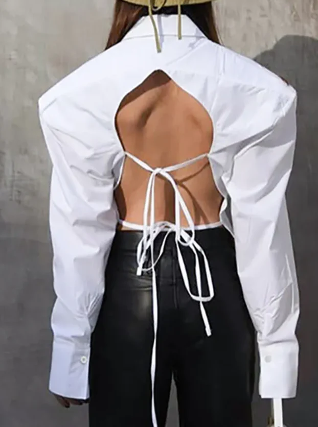 WHITE SHIRT with OVERSIZED SHOULDERS and OPEN Back Lace UP - Image 7