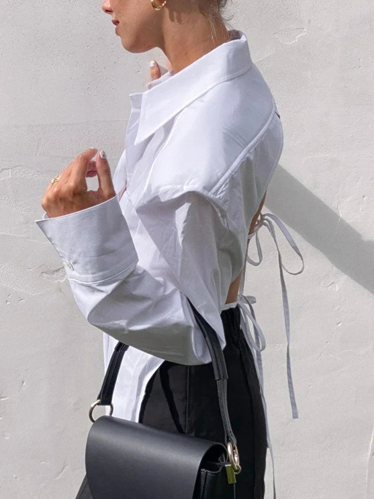 WHITE SHIRT with OVERSIZED SHOULDERS and OPEN Back Lace UP - Image 9