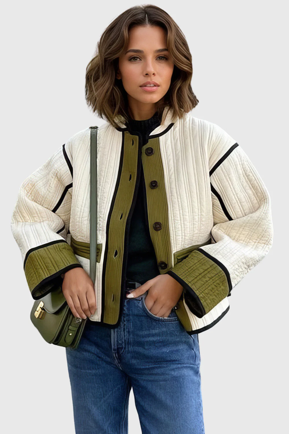 Short Buttoned Jacket in Textured Fabric - Green - Image 2