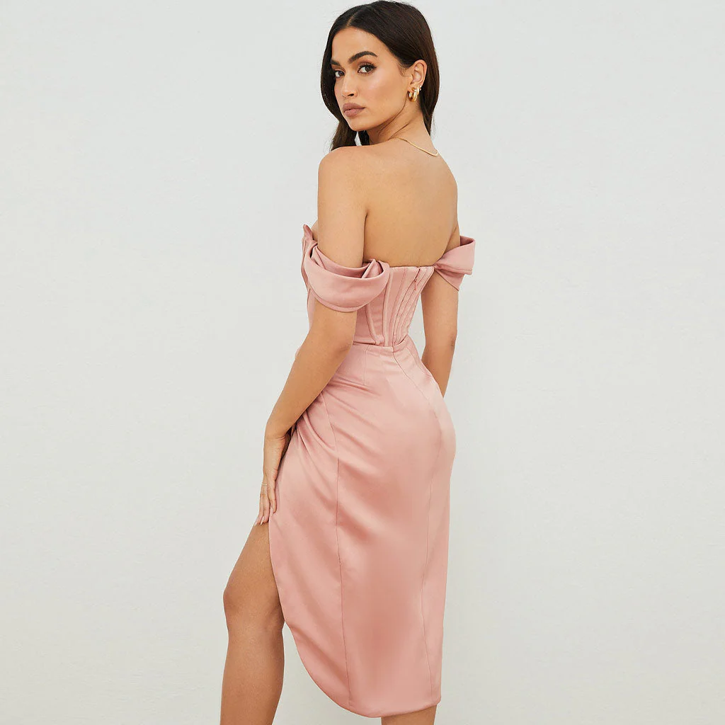 Silky Satin Off Shoulder High Slit Drape Corset Midi Dress - Pink - Image 3