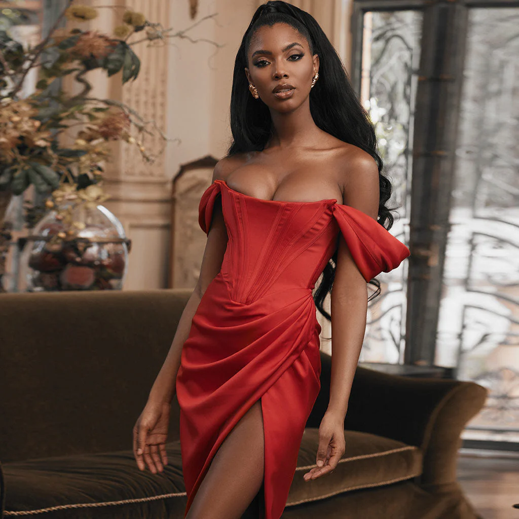 Silky Satin Off Shoulder High Slit Drape Corset Midi Dress - Red - Image 2