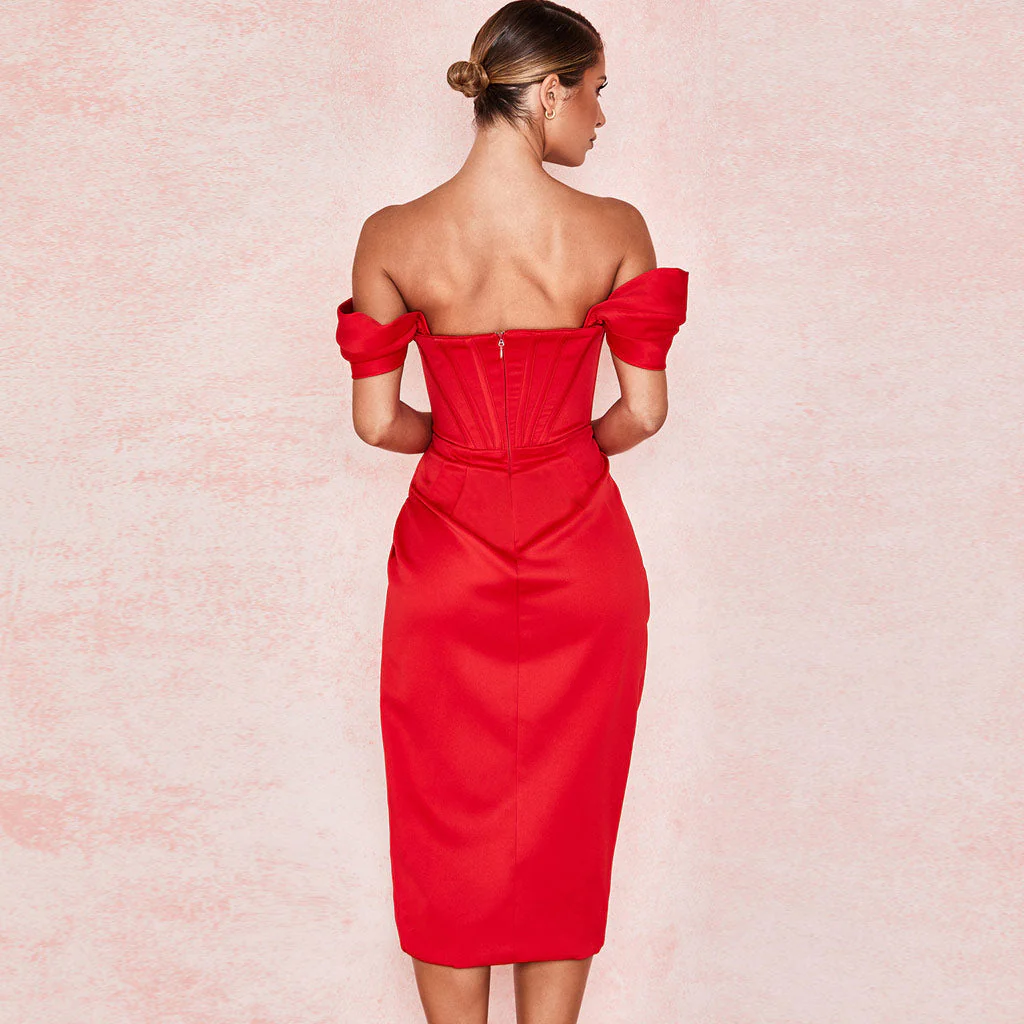 Silky Satin Off Shoulder High Slit Drape Corset Midi Dress - Red - Image 4