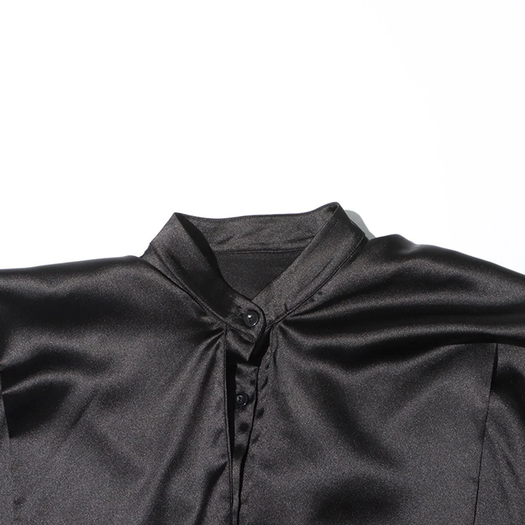 Silky Stand Collar Tie Neck Hooded Lantern Sleeve Oversized Satin Shirt - Image 4