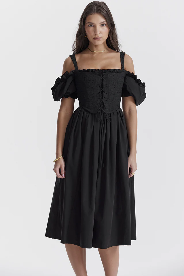 Silvana Black Puff Sleeve Midi Sundress - Image 6