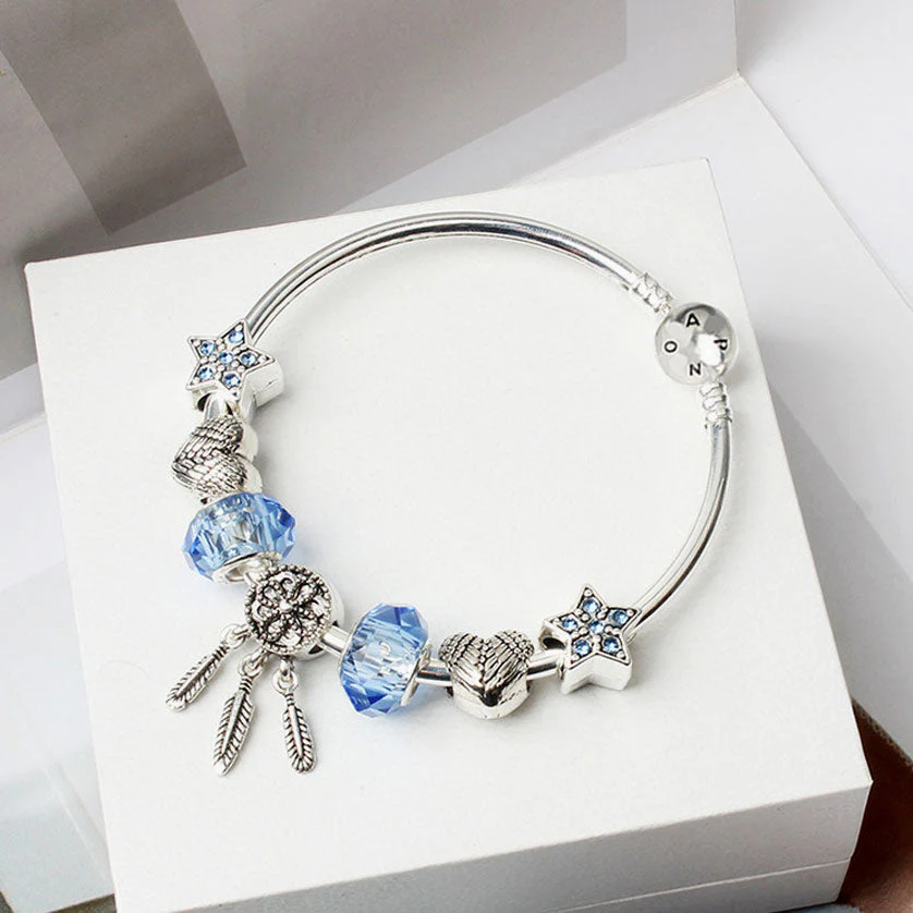 Boho Style Silver Plated Rhinestone Charm Bangle Bracelet - Silver - Image 3