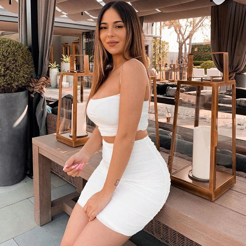 Cropped Tank High Waist Skirt Matching Set - White - Image 4