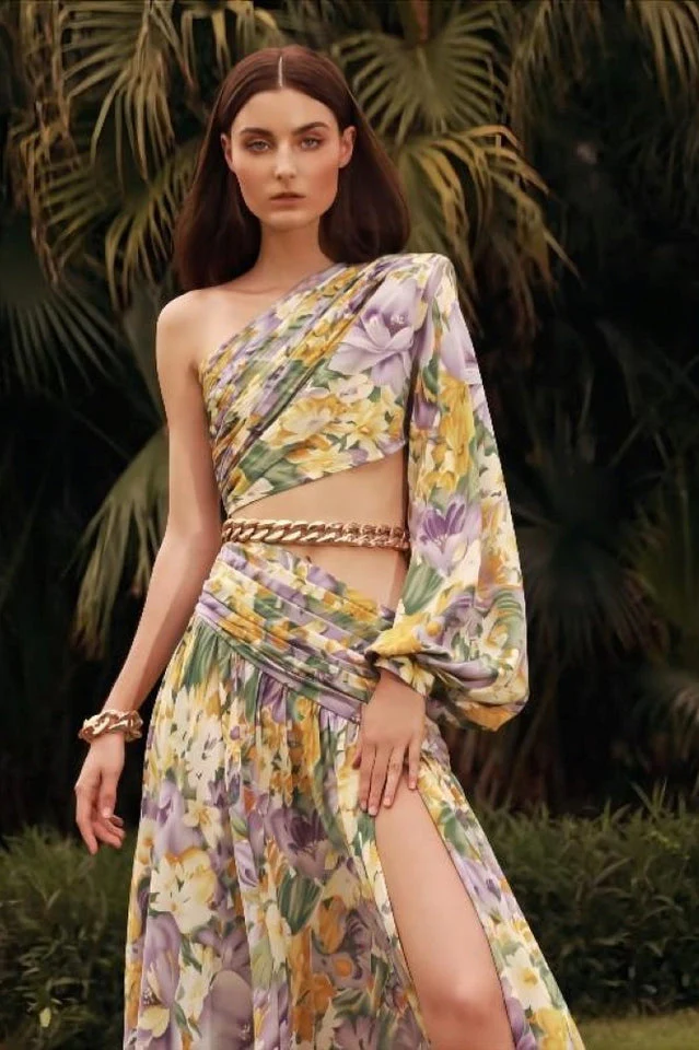 Slanted One Shoulder Floral Cut Out Dress - Image 4