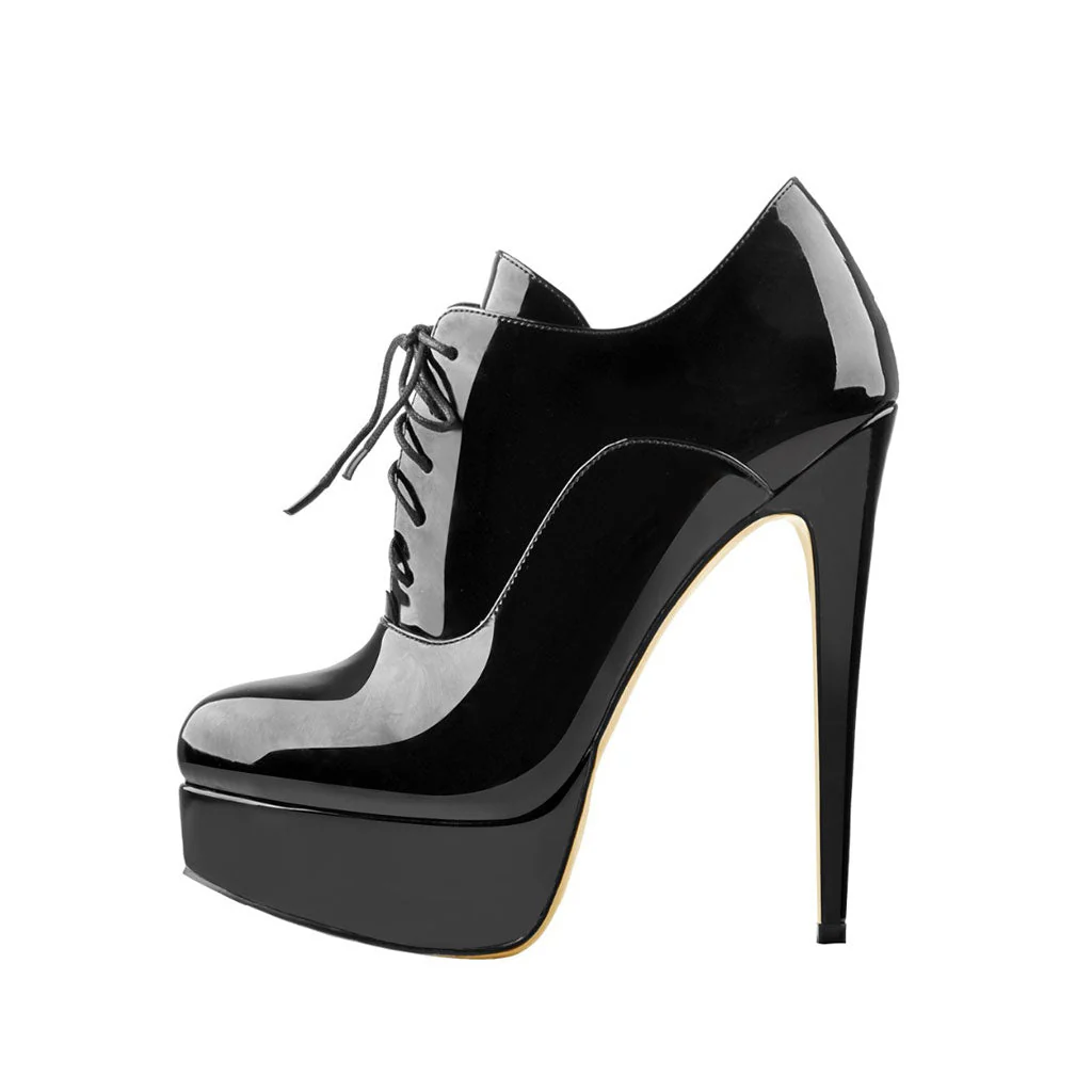 Sleek Patent Leather Platform Lace Up Oxford Stiletto Heels - Black - Image 2