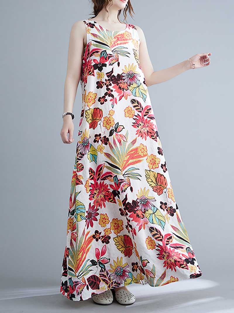 Sleeveless Cotton Floral A-Line Dress - Image 10