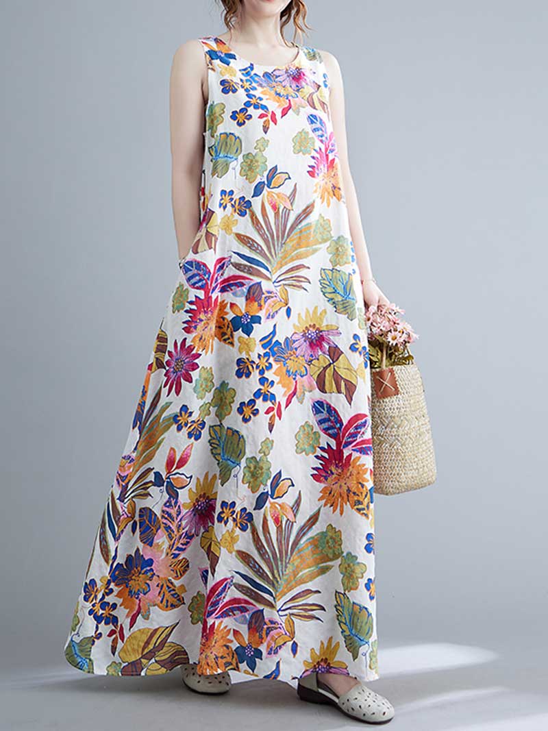 Sleeveless Cotton Floral A-Line Dress - Image 12