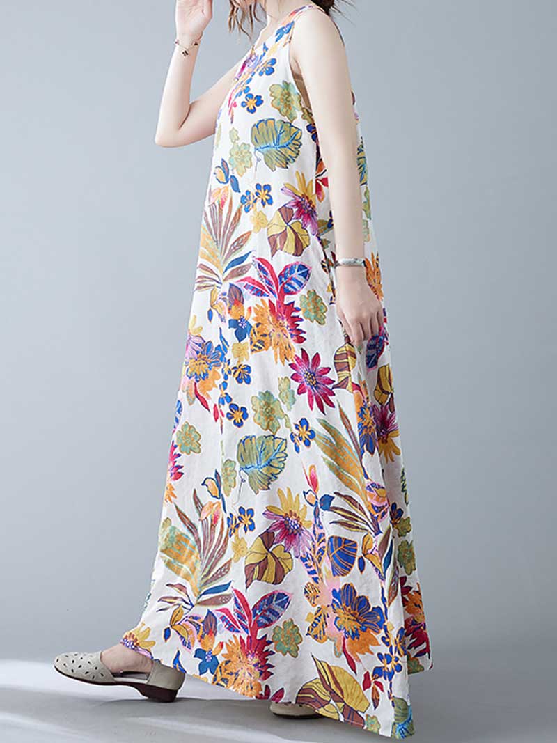 Sleeveless Cotton Floral A-Line Dress - Image 5