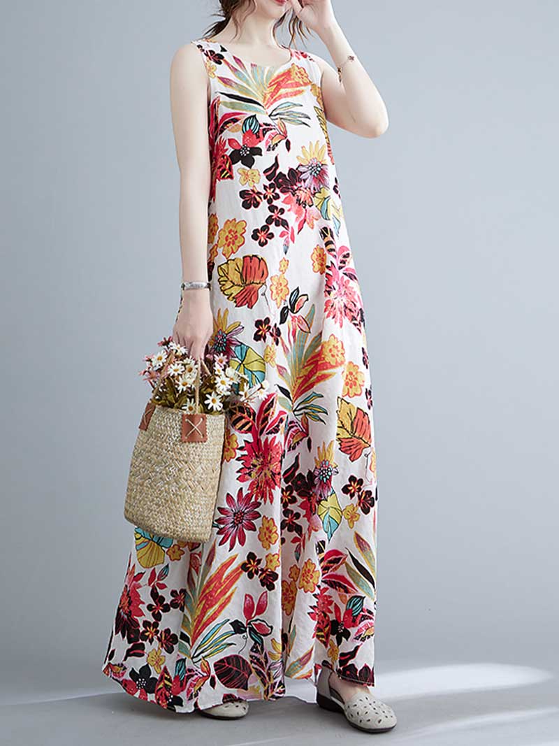 Sleeveless Cotton Floral A-Line Dress - Image 6