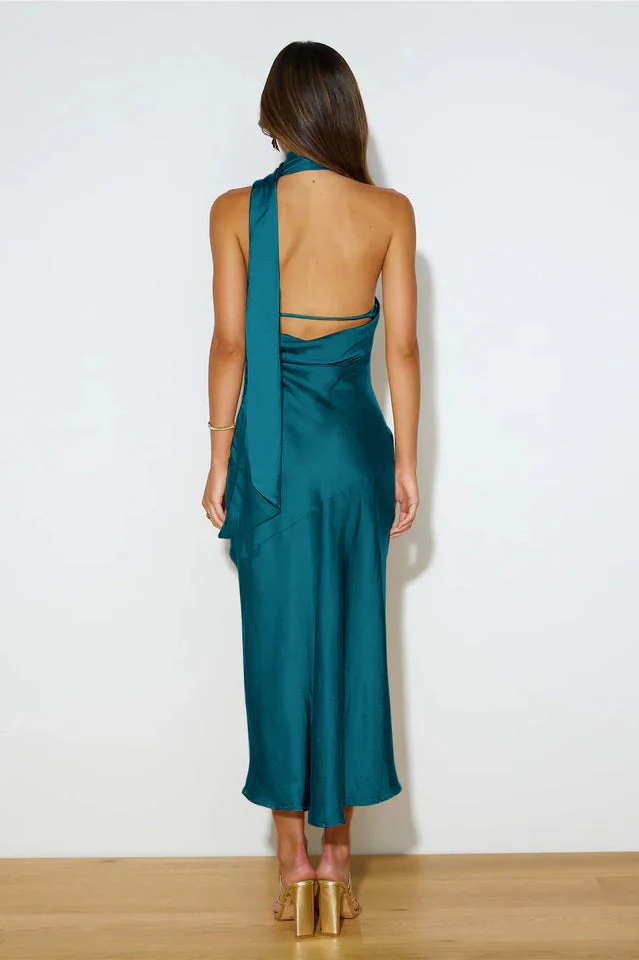Slinky Open Back Halter Satin Dress