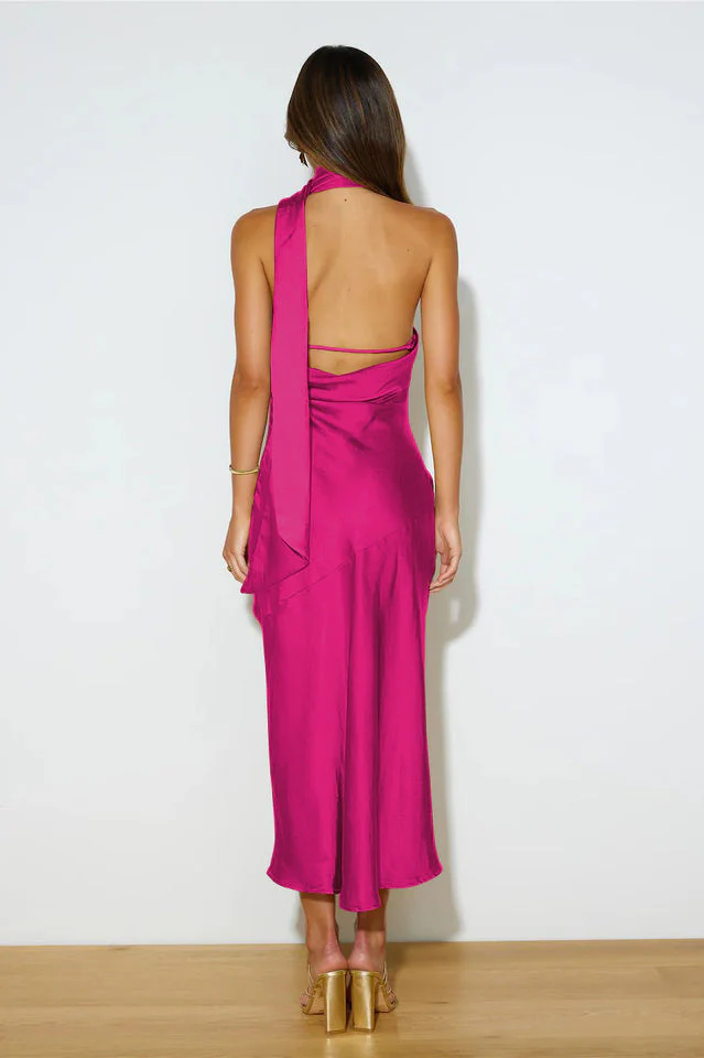 Slinky Open Back Halter Satin Dress - Image 18