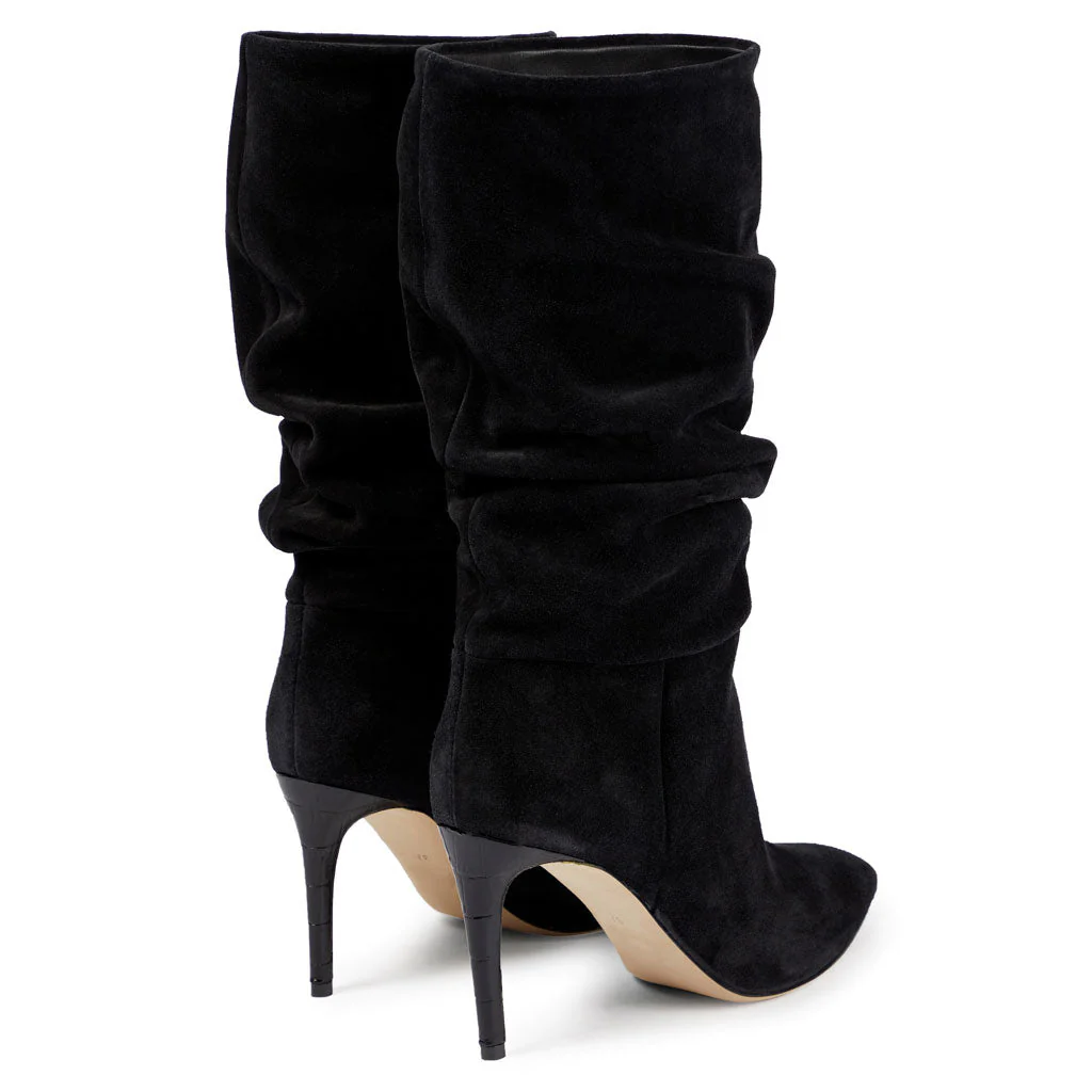 Slouchy Mid Calf Pointed Toe Stiletto Suede Boots - Black - Image 4