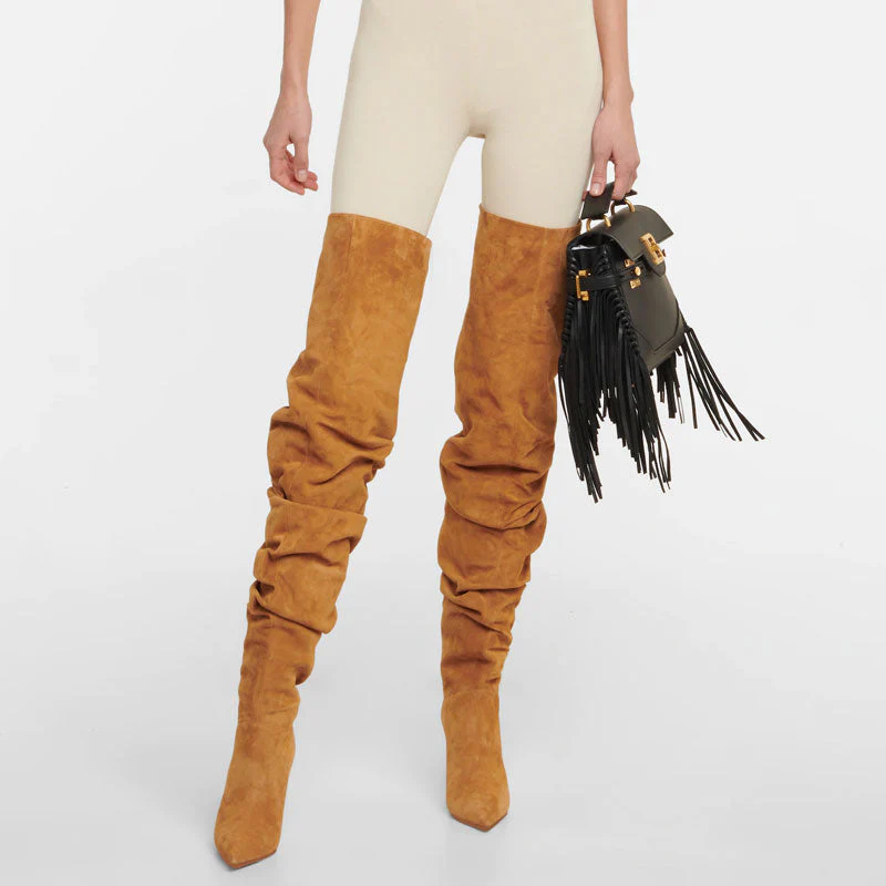 Slouchy Pointed Toe Over Knee Stiletto Suede Boots - Camel - Image 2