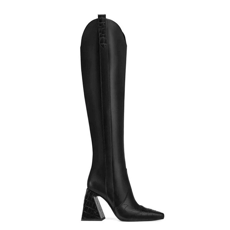 Slouchy Pointed Toe Sculptural Block Heel Knee High Boots - Black - Image 3