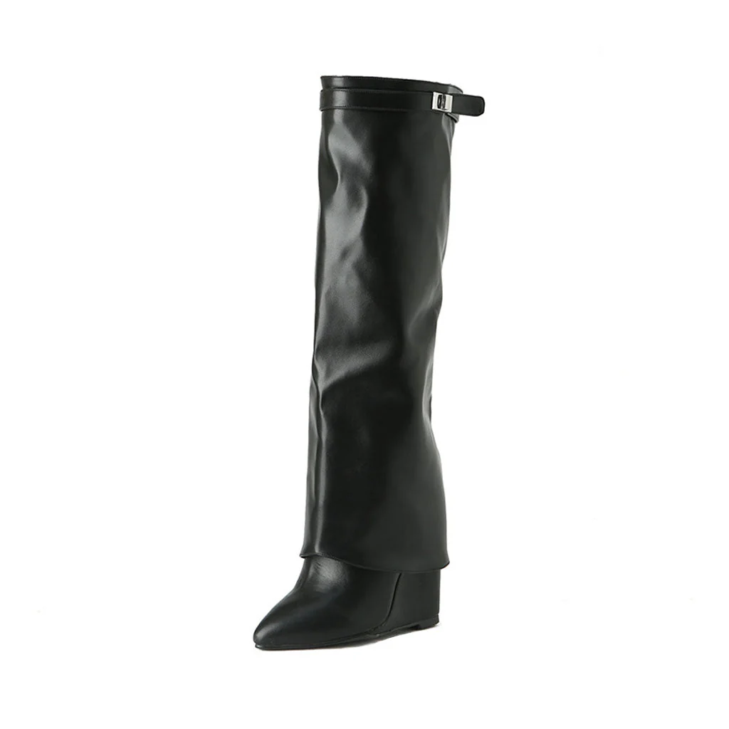 Slouchy Pointed Toe Wedge Heel Mid Calf Leather Boots - Black - Image 2