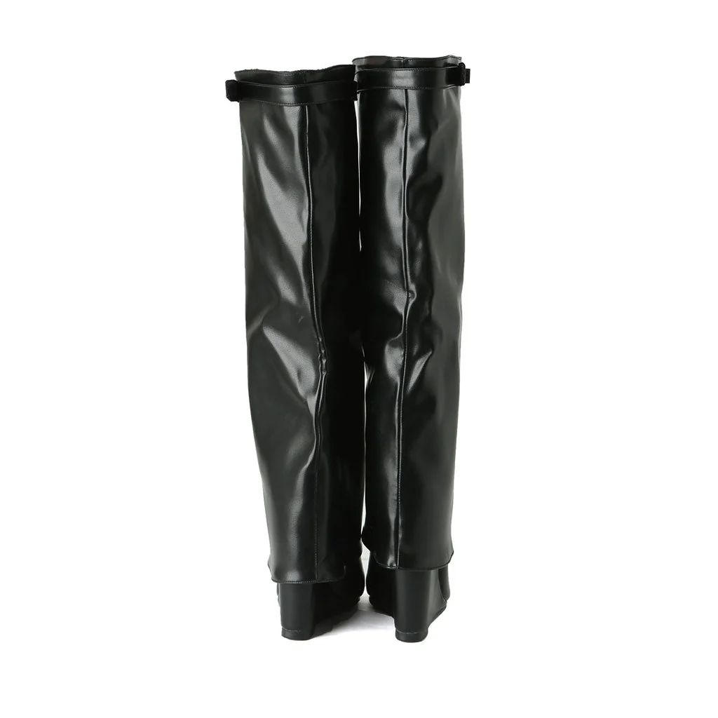 Slouchy Pointed Toe Wedge Heel Mid Calf Leather Boots - Black - Image 4