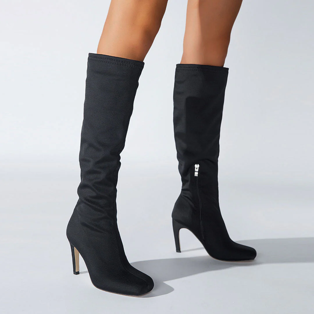 Slouchy Square Toe Side Zipper Stiletto Heel Knee High Boots - Black - Image 3