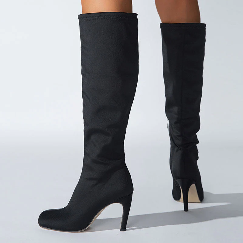 Slouchy Square Toe Side Zipper Stiletto Heel Knee High Boots - Black - Image 4