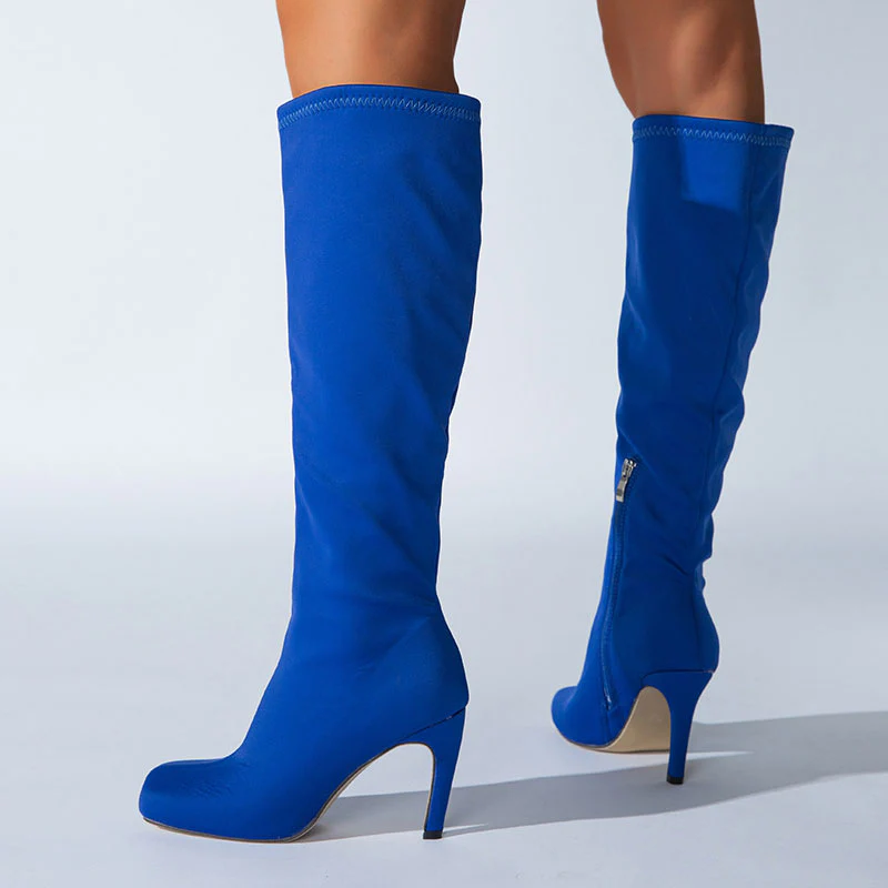 Slouchy Square Toe Side Zipper Stiletto Heel Knee High Boots - Royal Blue - Image 3