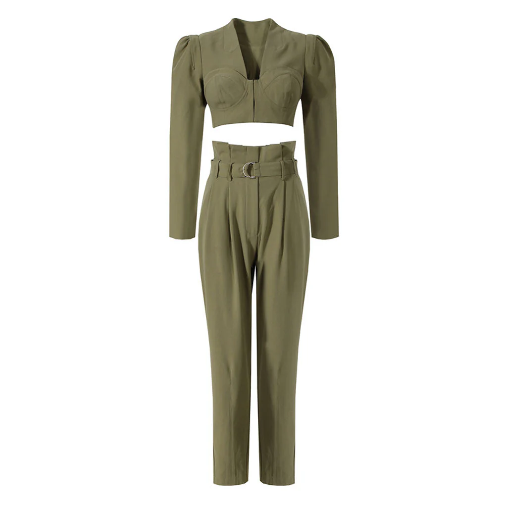 Smart Solid Color Belted Pleated High Waist Taper Pants - Image 3