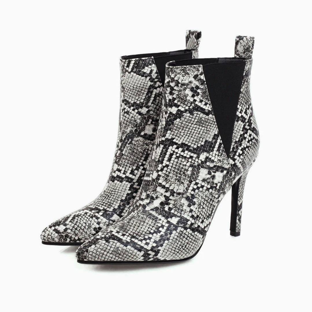 Wild Style Snake Effect Pointed Toe High Heeled Ankle Boots - Black - Image 2