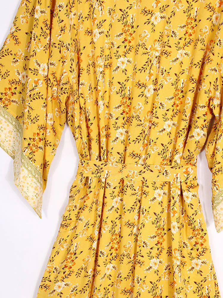 Bridal Party Wear Floral Print Yellow Color Cotton Long Length Gown Robe Kimono - Image 10