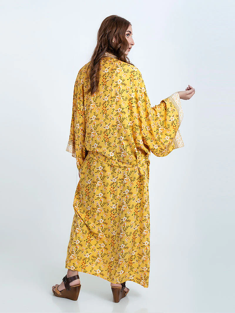 Bridal Party Wear Floral Print Yellow Color Cotton Long Length Gown Robe Kimono - Image 2