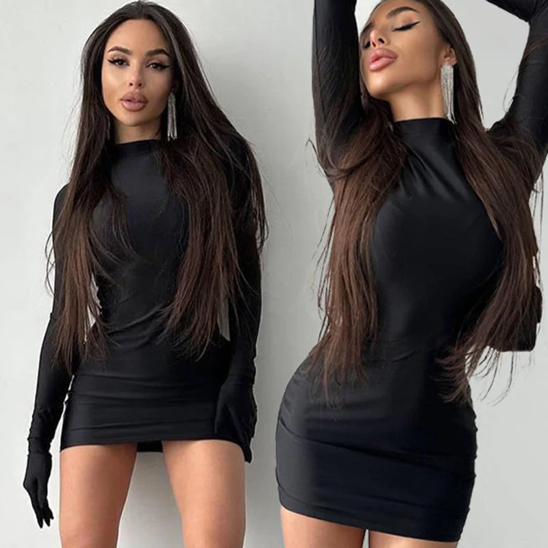 YASU SOLID LOND Sleeve Mini Dress with GLOVES - Image 2