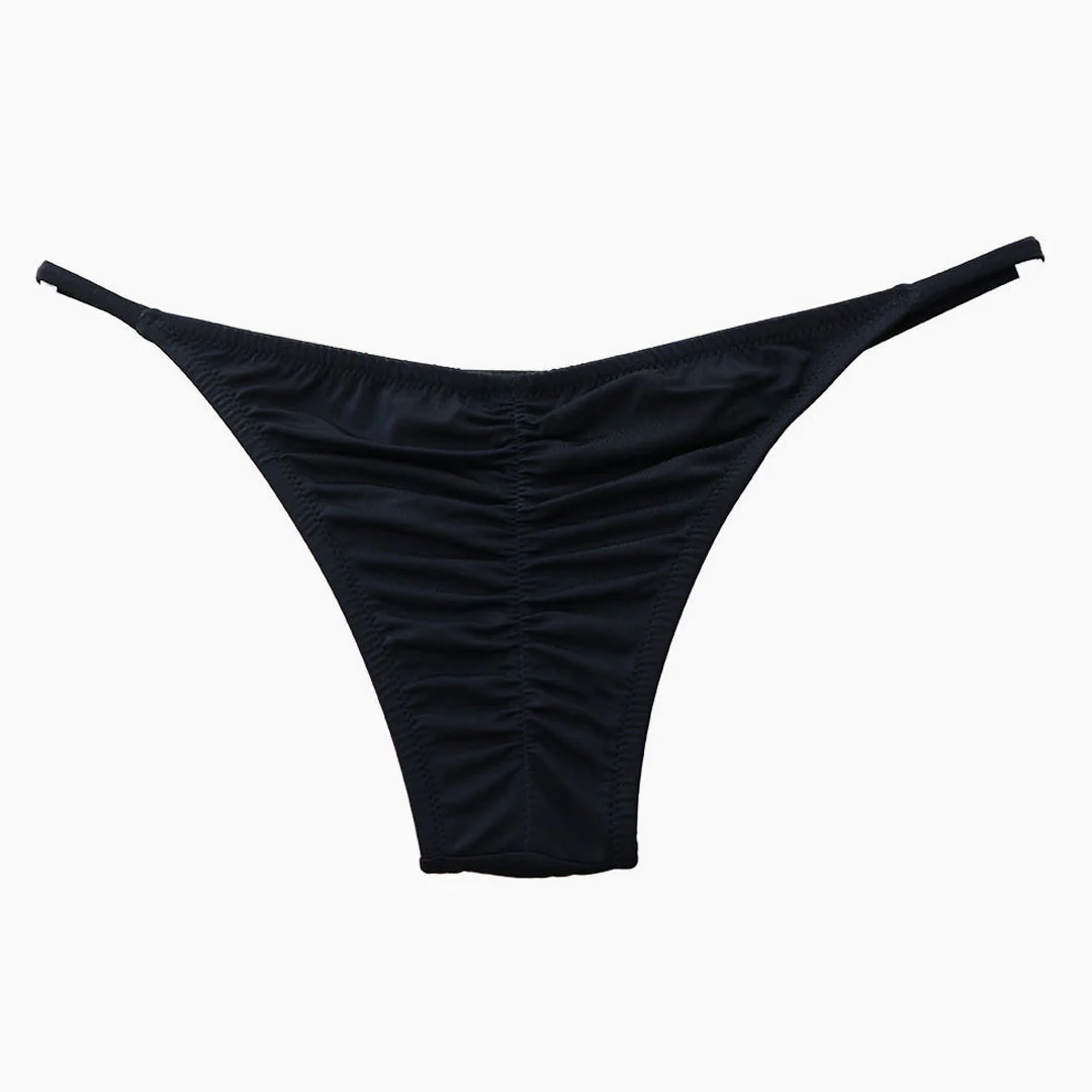 Brazilian Solid Color String Scrunch Cheecky Bikini Bottom - Black - Image 2