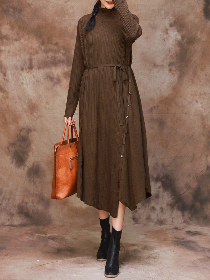Solid Color Collar A-Line Dress with Thin Belt for Women - Image 10