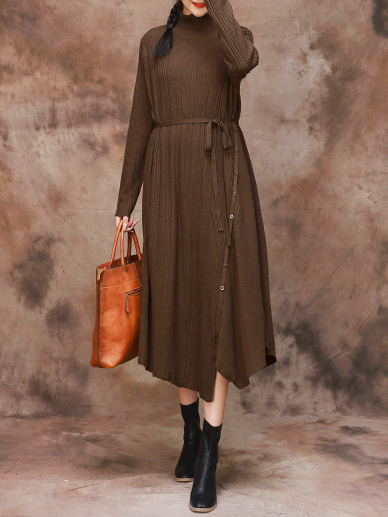 Solid Color Collar A-Line Dress with Thin Belt for Women - Image 6