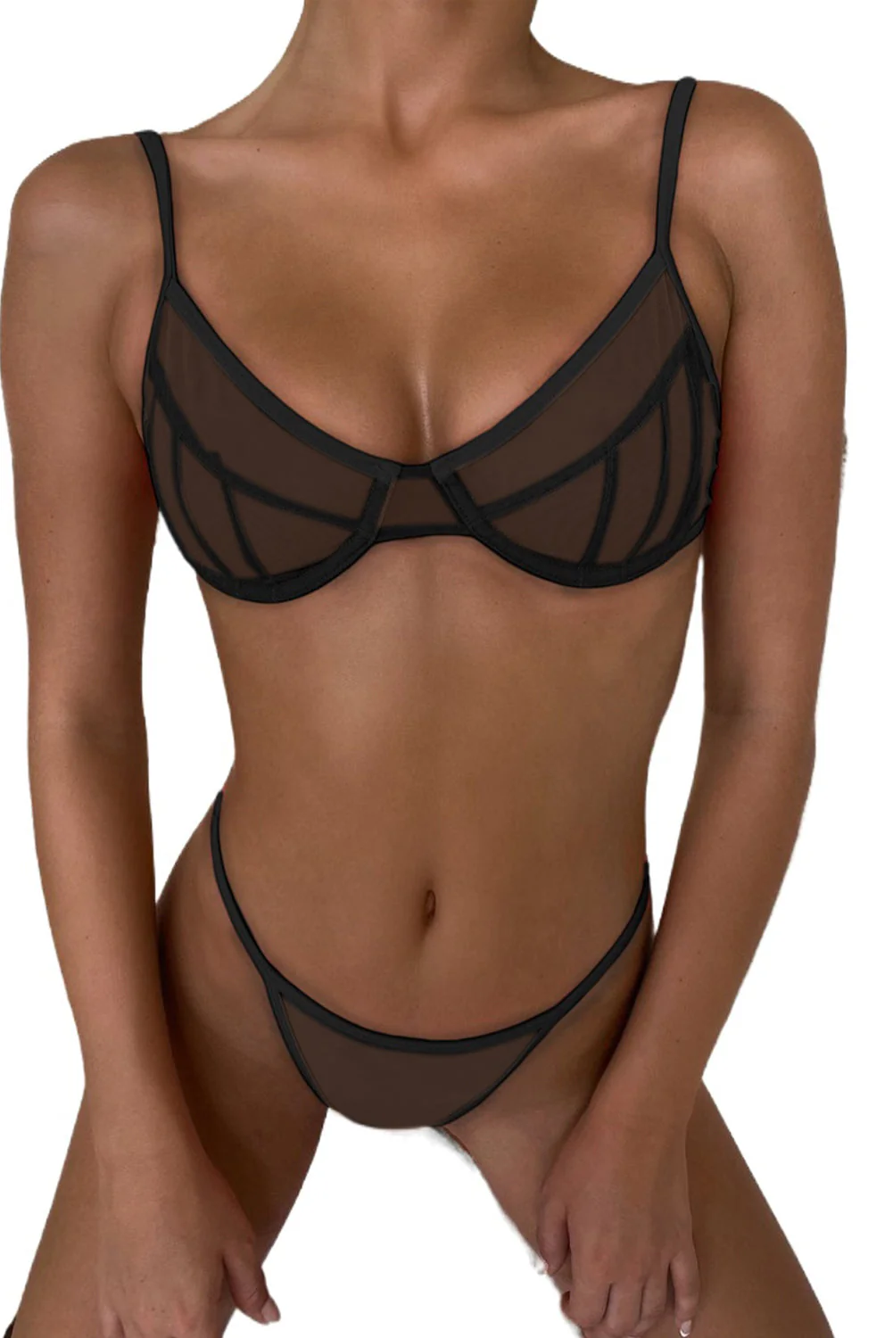 Solid Color Mesh Spaghetti Straps Bralette Set - Image 19