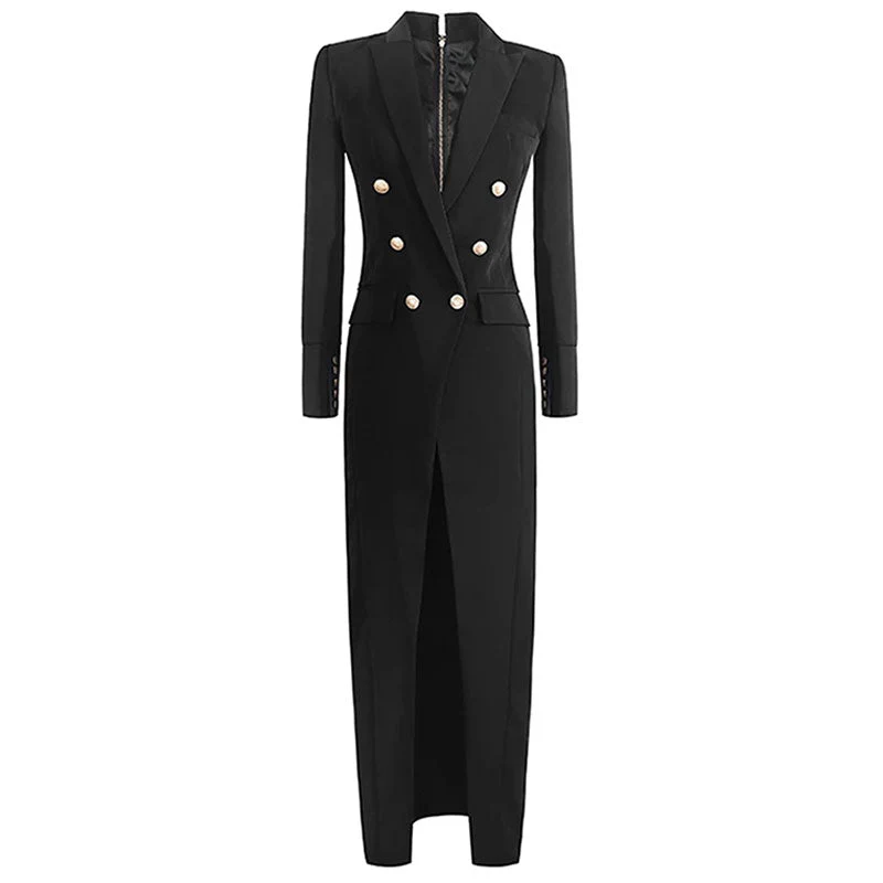 Sophisticated Peak Lapel Double Breasted Zip Back High Split Long Sleeve Tailored Coat - Image 4