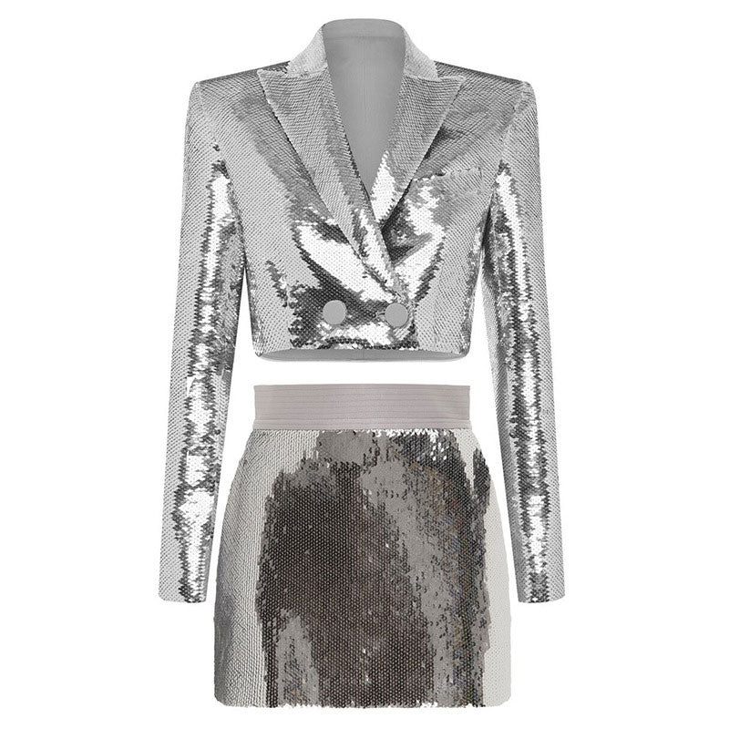 Spakly Sequin Peak Lapel Double Breasted Cropped Blazer Matching Set - Silver - Image 5