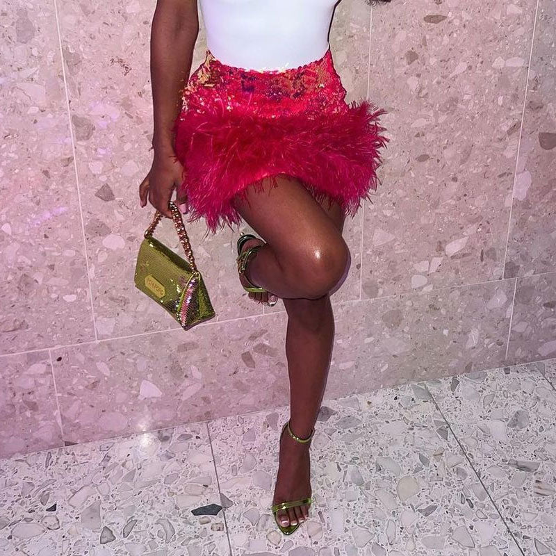 Sparkling Sequin High Waist Fur Trim Bodycon Party Mini Skirt - Hot Pink - Image 4