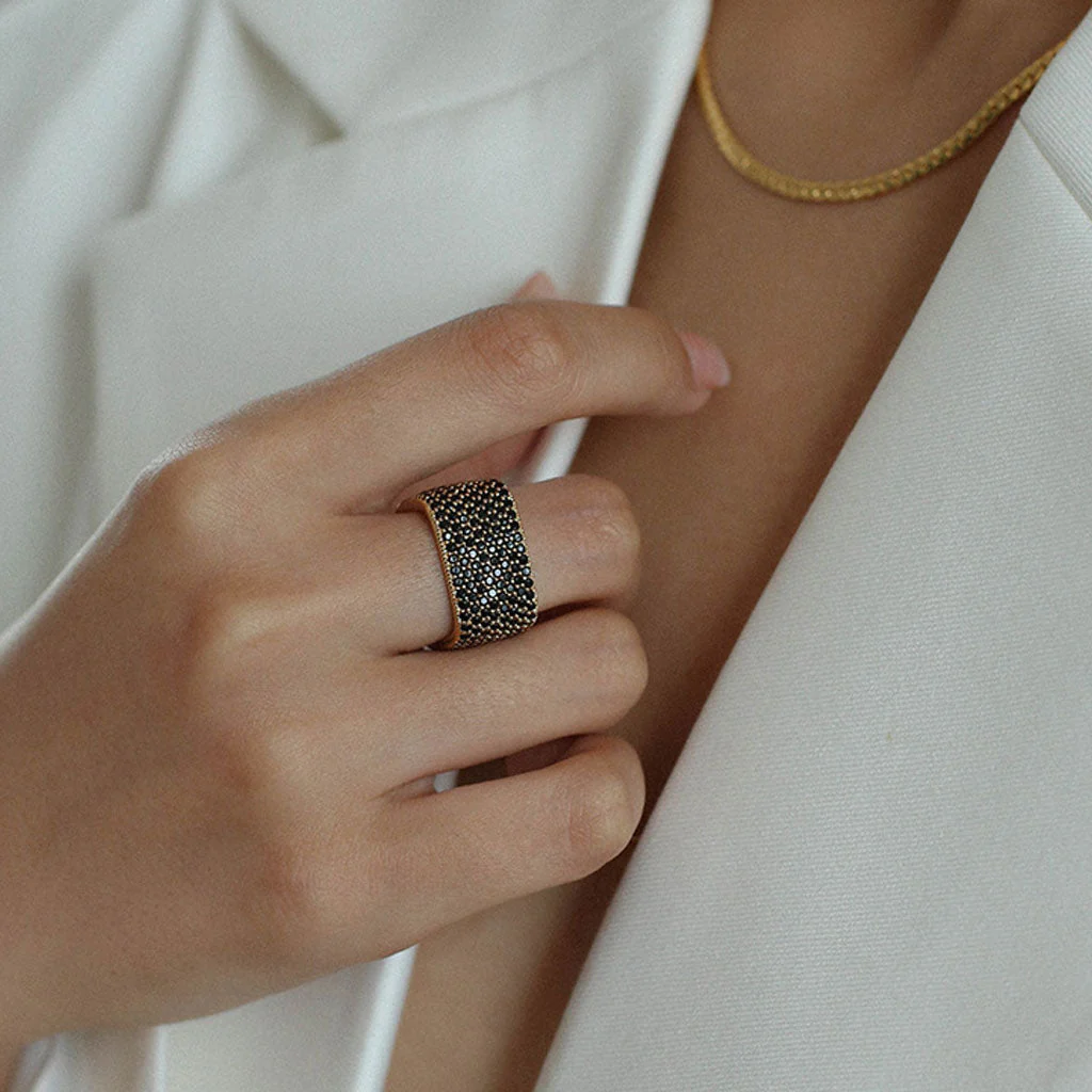 Sparkling 18K Gold Plated Paved Cubic Zirconia Square Cigar Band Ring - Image 3