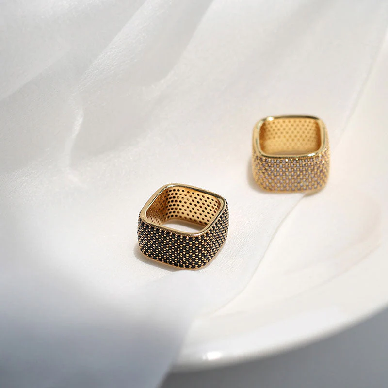 Sparkling 18K Gold Plated Paved Cubic Zirconia Square Cigar Band Ring - Image 6