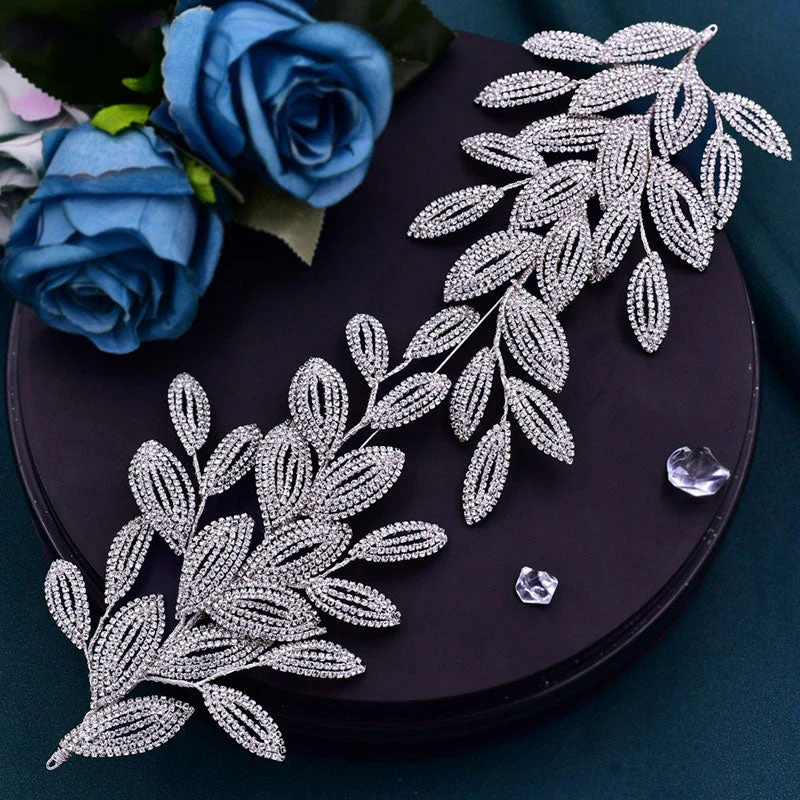 Sparkling Leaf Trim Petite Crystal Rhinestone Embellished Headband - Silver - Image 3