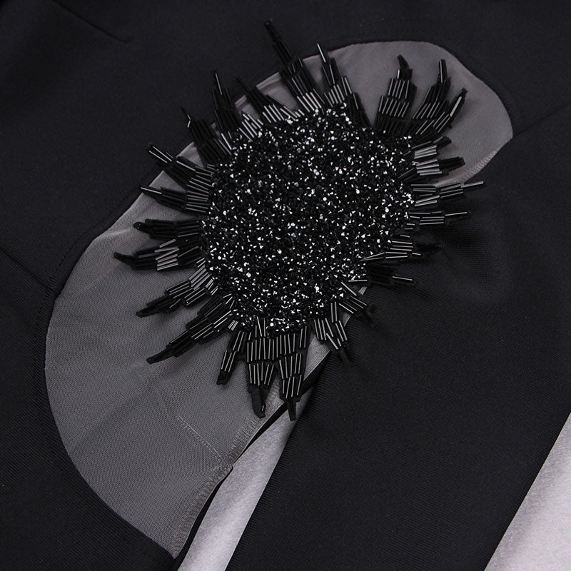 Sparkly 3D FLower Sheer Mesh Panel Round Neck Long Sleeve Bodycon Bandage Mini Dress - Image 5