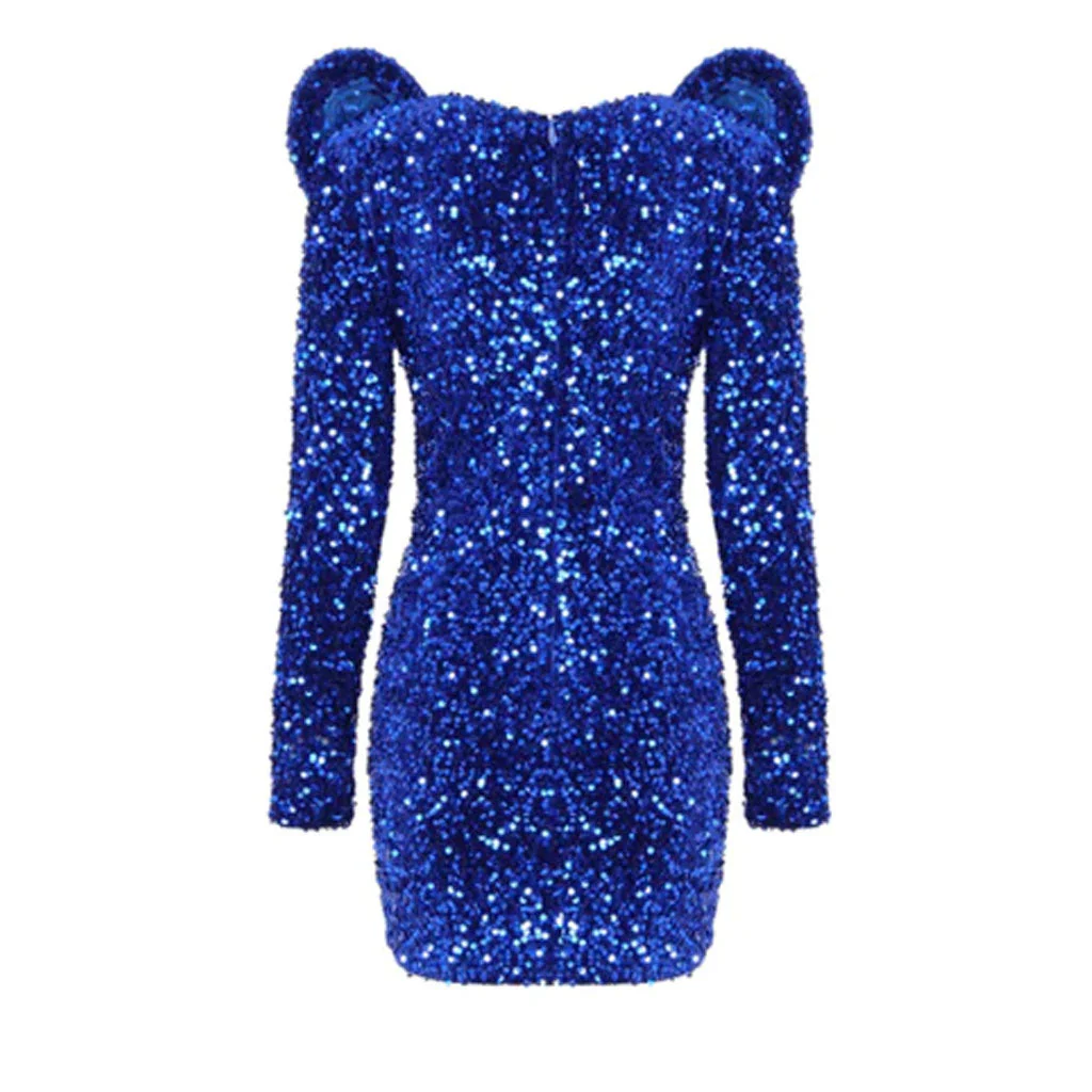 Sparkly Collar Deep Plunging Neck Long Sleeve Sequin Mini Dress - Royal Blue - Image 5