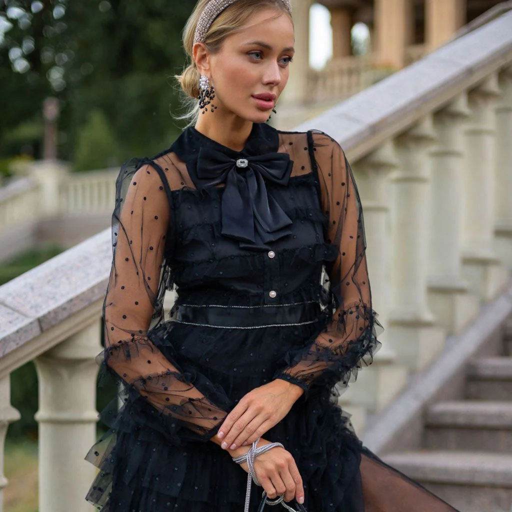 Sparkly Crystal Bow Collared Bishop Sleeve Dotted Tulle Ruffle Tiered Maxi Dress - Image 2